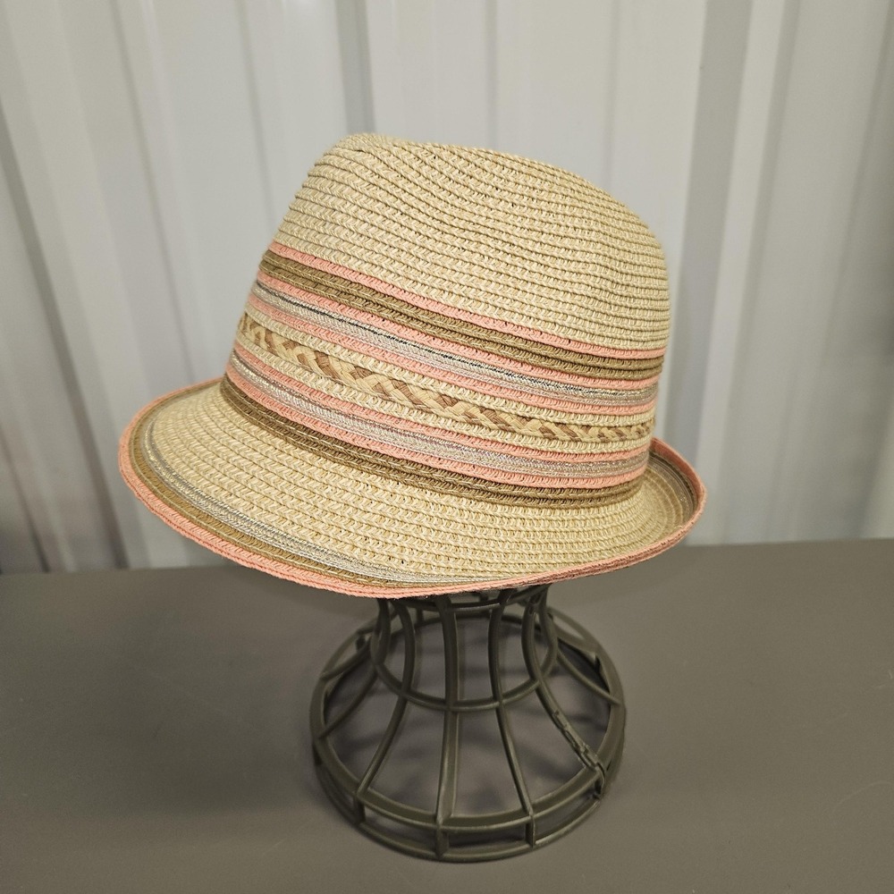 Callanan Resort Hat Fedora Womens One Size Tan Pink Striped Braided Summer Beach - Picture 3 of 9